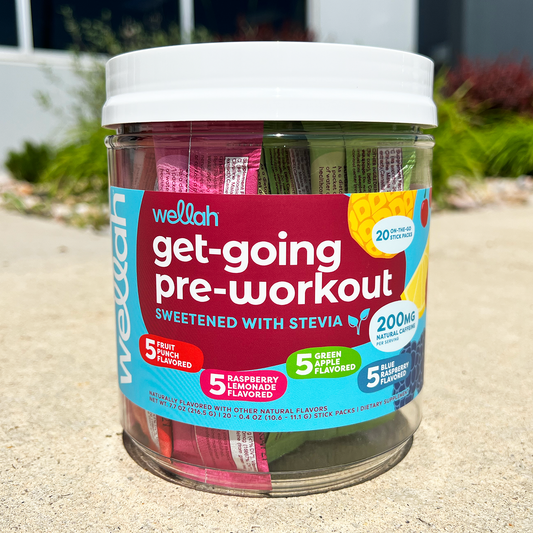 Tub of pre-workout variety stick packs for women