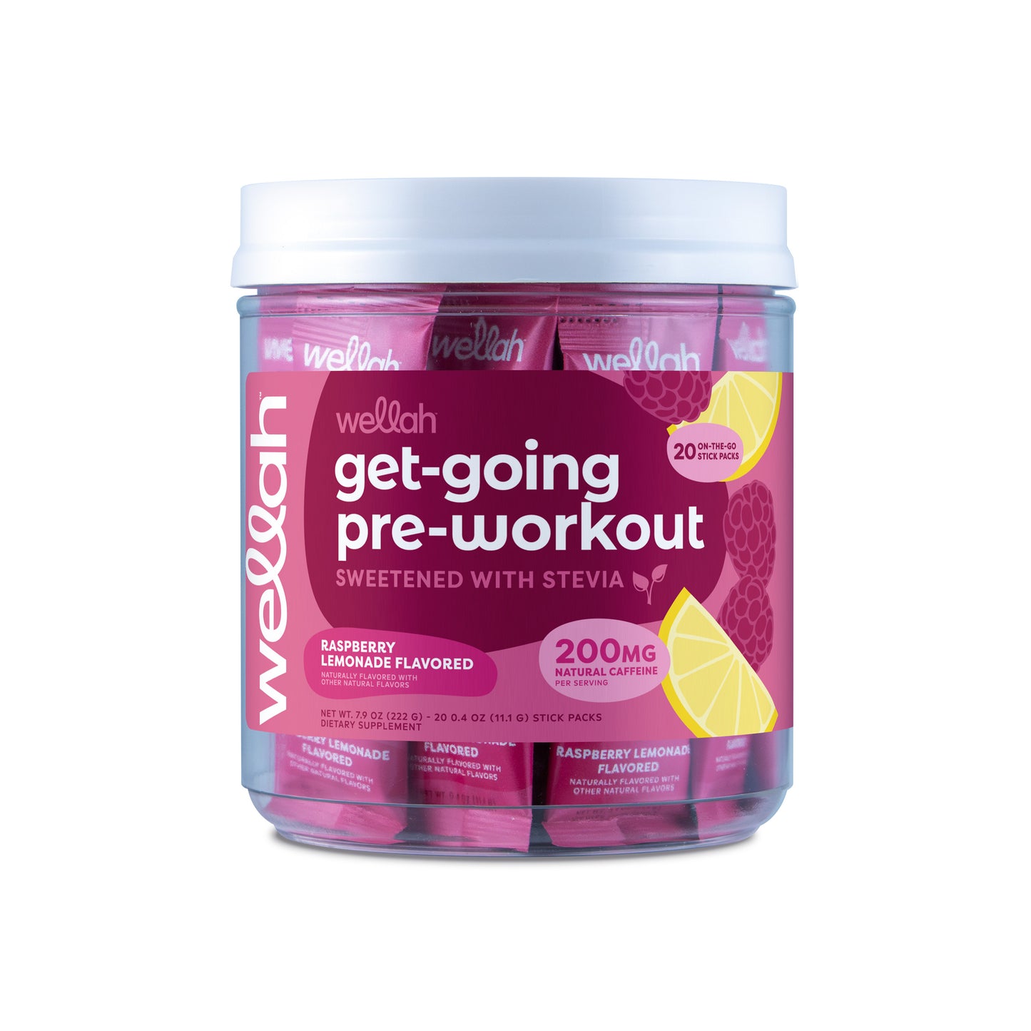 Raspberry lemonade flavored pre-workout stick packs for women