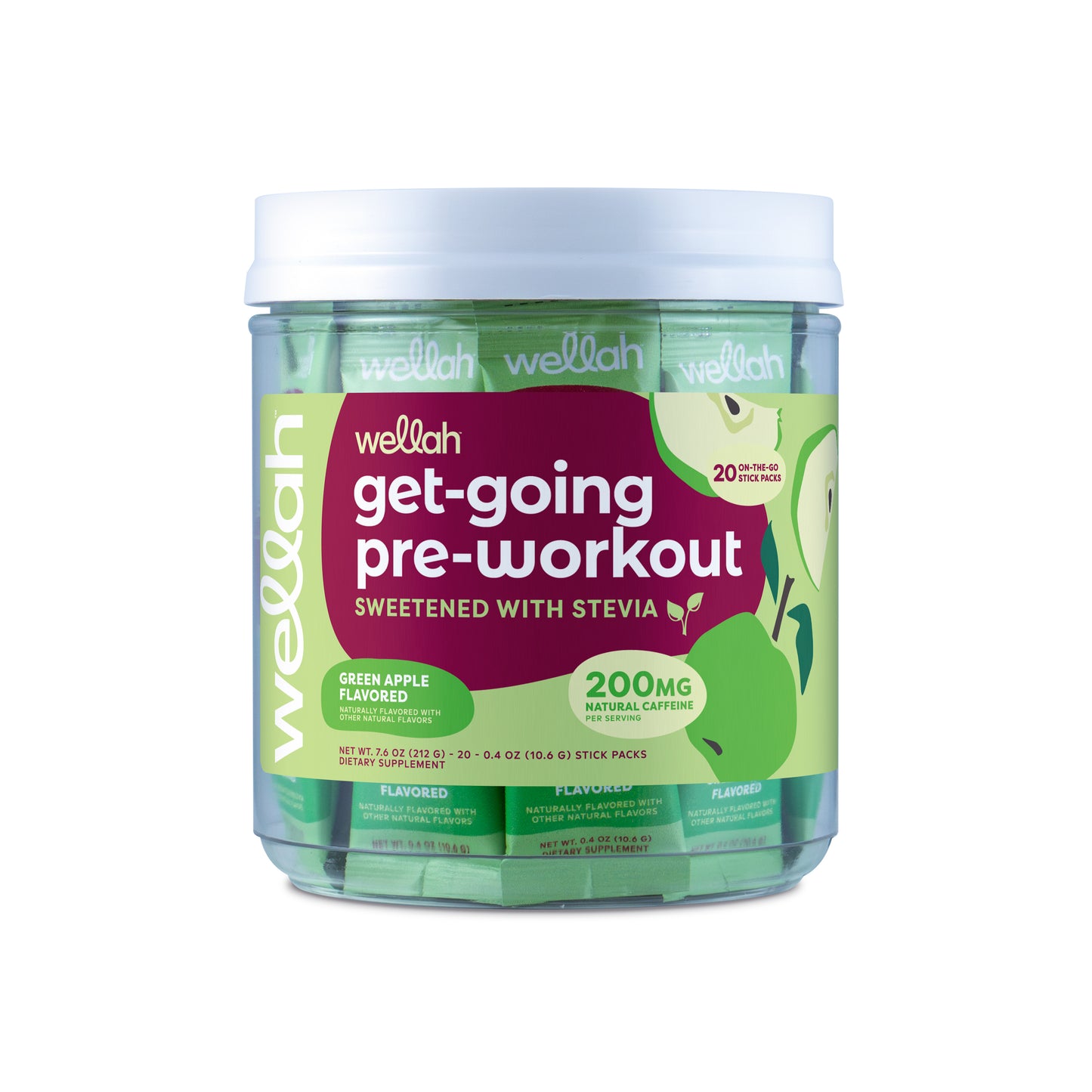 Green apple flavored pre-workout stick packs for women