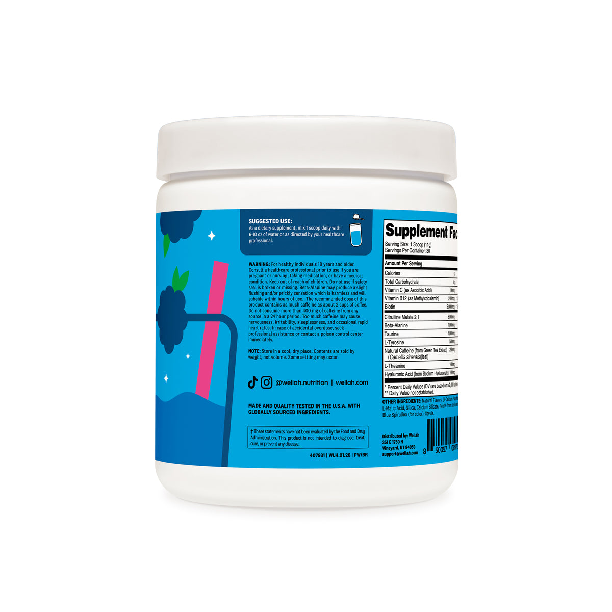 Blue Raspberry Protein 2o Wellah Pre-Workout With Citrulline Malate And L-Theanine | 30 Servings