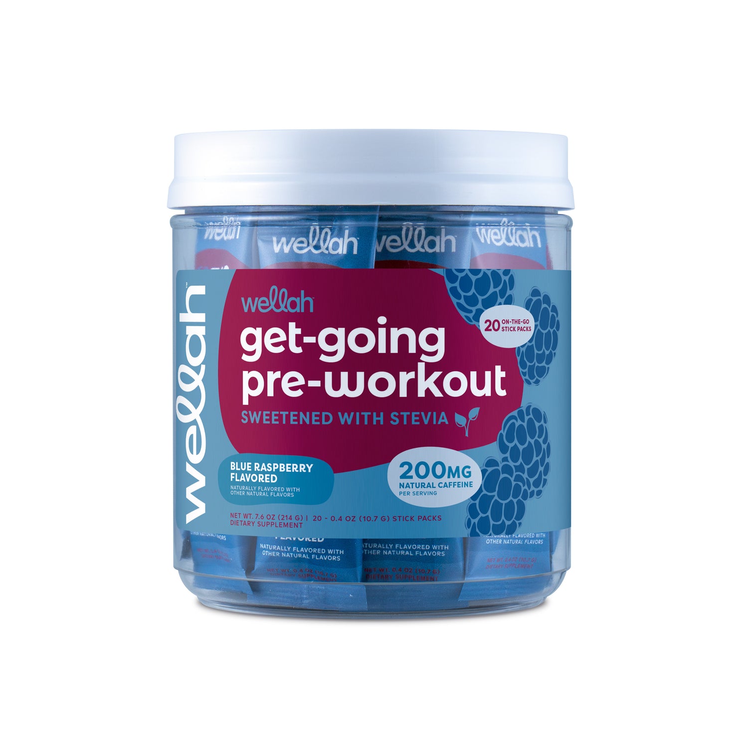 Blue raspberry flavored pre-workout stick packs for women