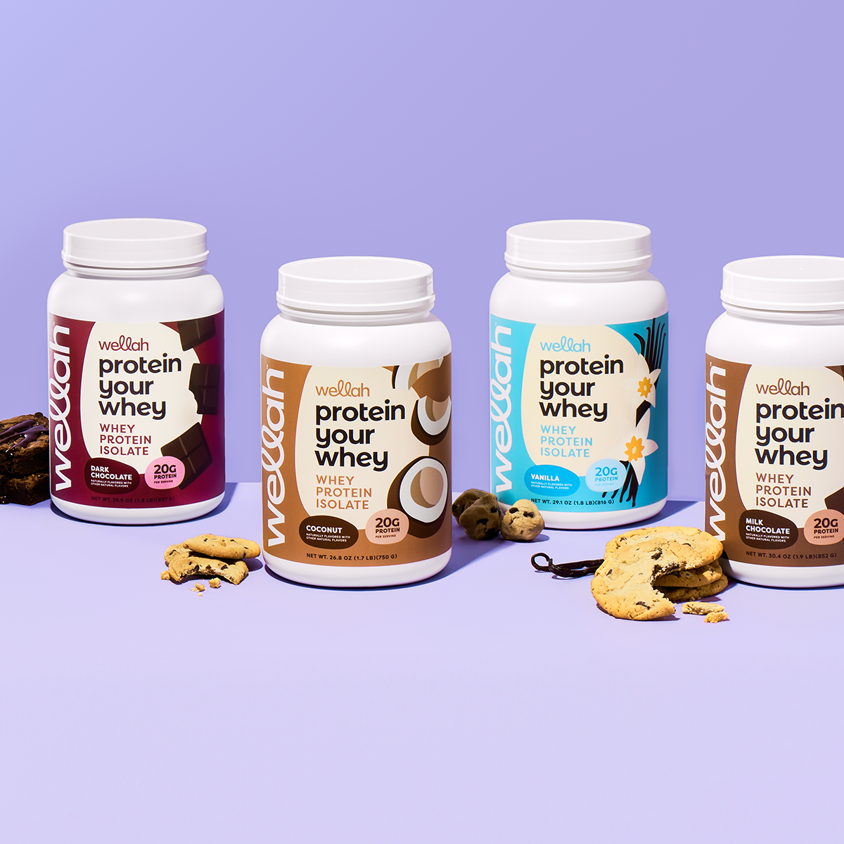 four tubs of wellah grass-fed whey protein