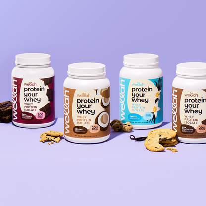 four tubs of wellah grass-fed whey protein