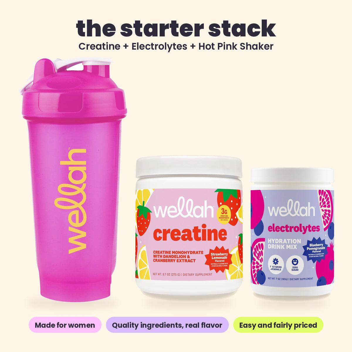 The Starter Stack shown to scale, left to right: Hot Pink shaker, creatine tub and electrolytes tub, with chips: Made for women, Quality ingredients, real flavor, Easy and fairly priced