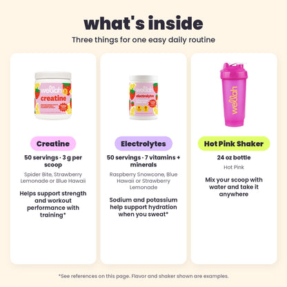 What's inside: Creatine (50 servings, 3 g per scoop), Electrolytes (50 servings, 7 vitamins and minerals) and a 24 oz Hot Pink Shaker