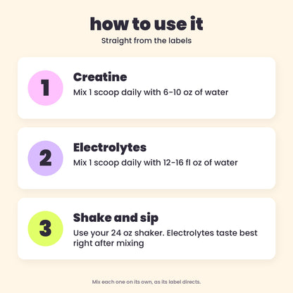 How to use: mix 1 scoop creatine daily with 6-10 oz water, mix 1 scoop electrolytes daily with 12-16 fl oz water, shake in the 24 oz shaker and sip