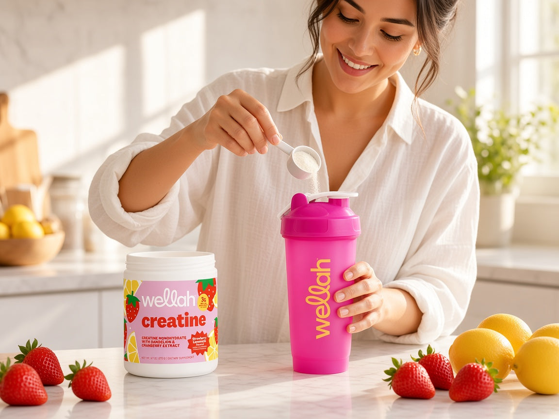Woman scooping Wellah Strawberry Lemonade creatine into a pink Wellah shaker in a sunny kitchen